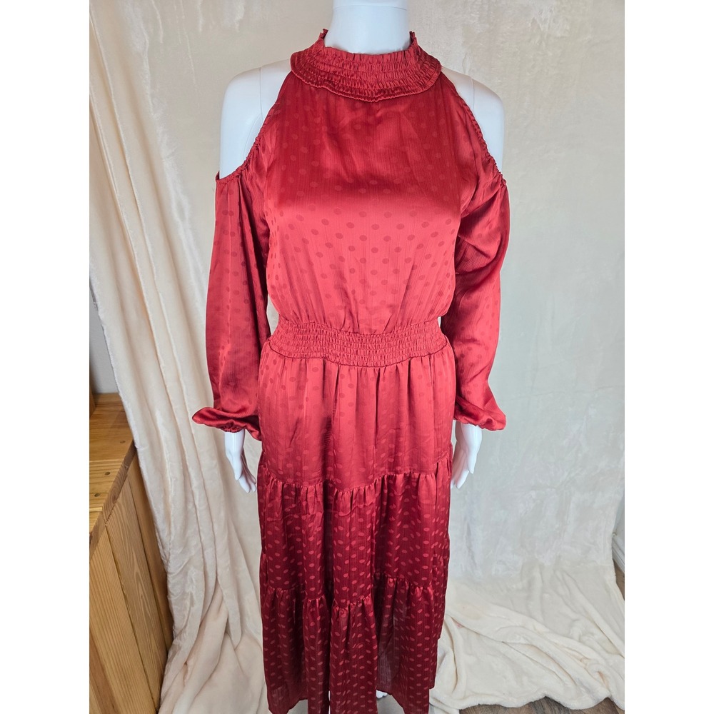 Cold Shoulder Smocked Waist Tiered Midi Dress Women's M NWT